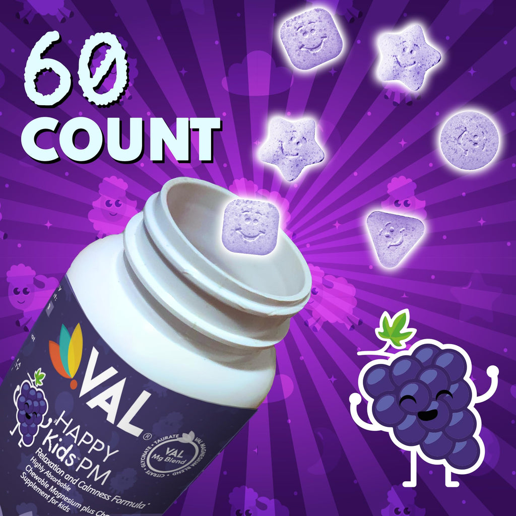 VAL Kids PM Magnesium Gummies | Sugar-Free Sleep & Calm for Kids 4+ | Grape Flavor | Magnesium Glycinate, Citrate & Taurate + Chamomile | 60 Count