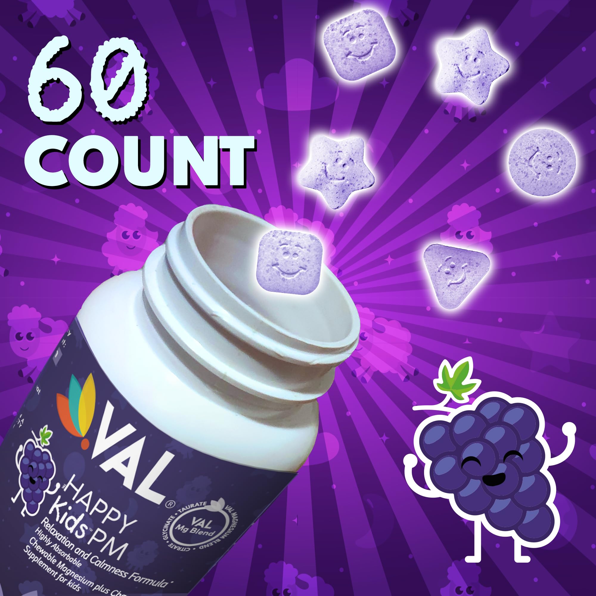 VAL Kids PM Magnesium Gummies | Sugar-Free Sleep & Calm for Kids 4+ | Grape Flavor | Magnesium Glycinate, Citrate & Taurate + Chamomile | 60 Count