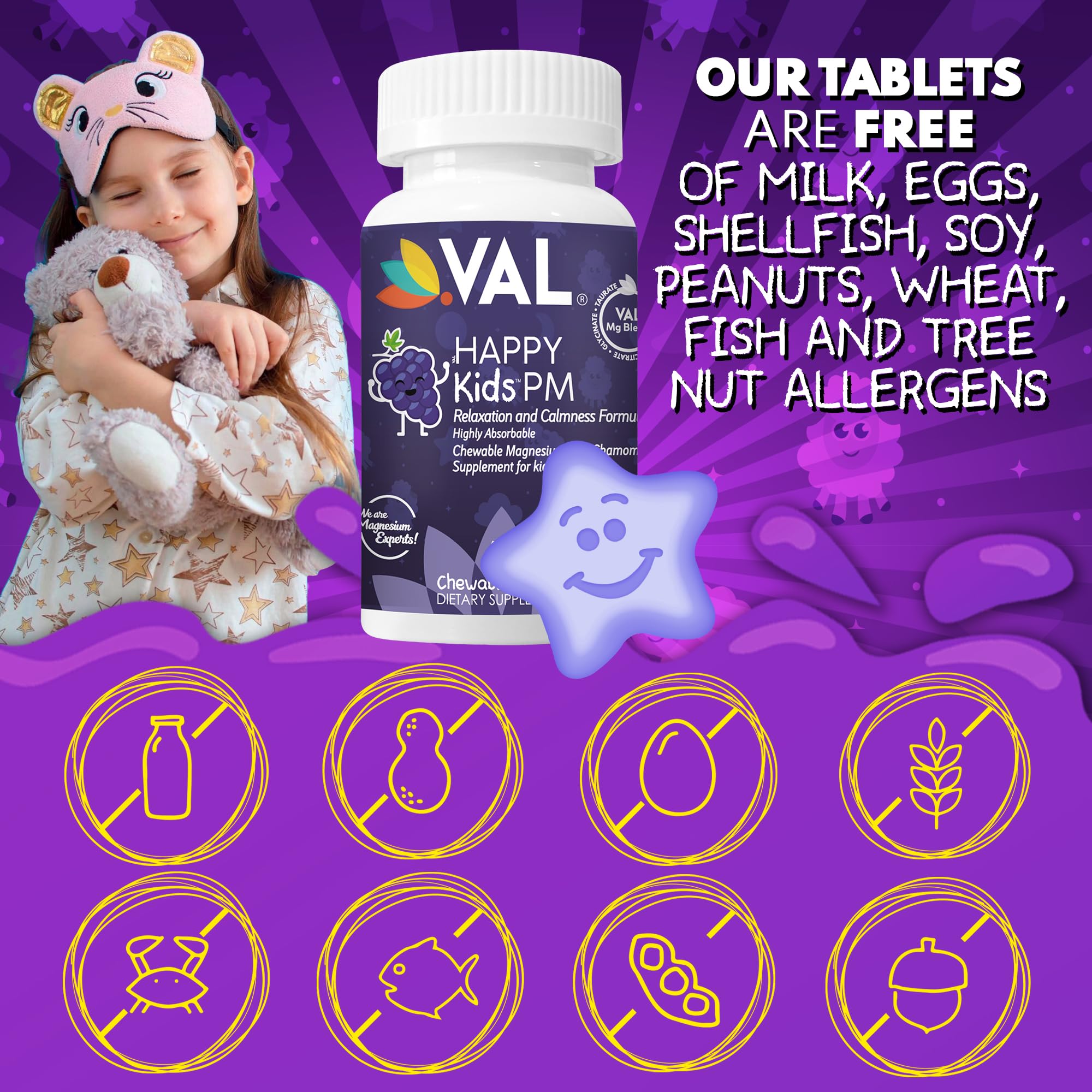 VAL Kids PM Magnesium Gummies | Sugar-Free Sleep & Calm for Kids 4+ | Grape Flavor | Magnesium Glycinate, Citrate & Taurate + Chamomile | 60 Count
