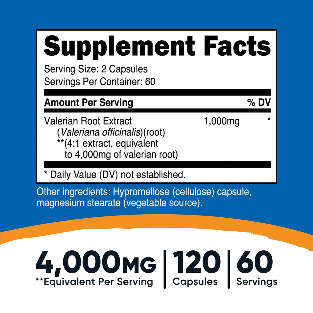 Nutricost Valerian Root Capsules (1000mg per Serving, 4:1 Extract) – 120 Vegetarian Capsules, Gluten Free, Non-GMO