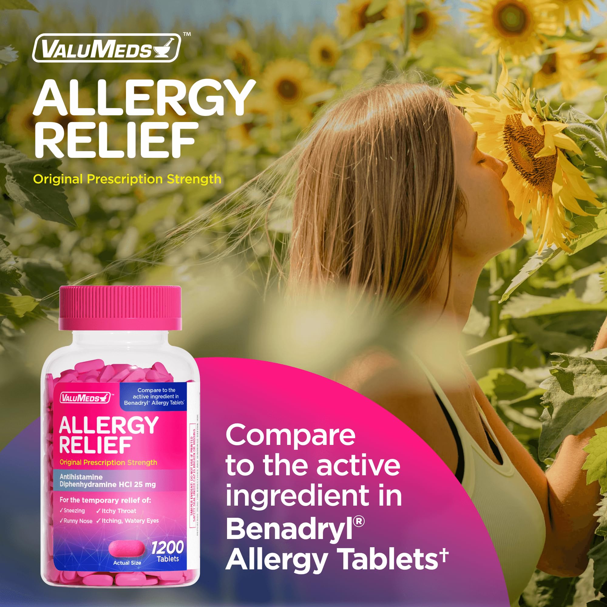 ValuMeds Allergy Medicine Diphenhydramine HCl 25 mg | Children & Adults | Relieve Itchy Eyes, Runny Nose, Sneezing (25 mg, 1200)
