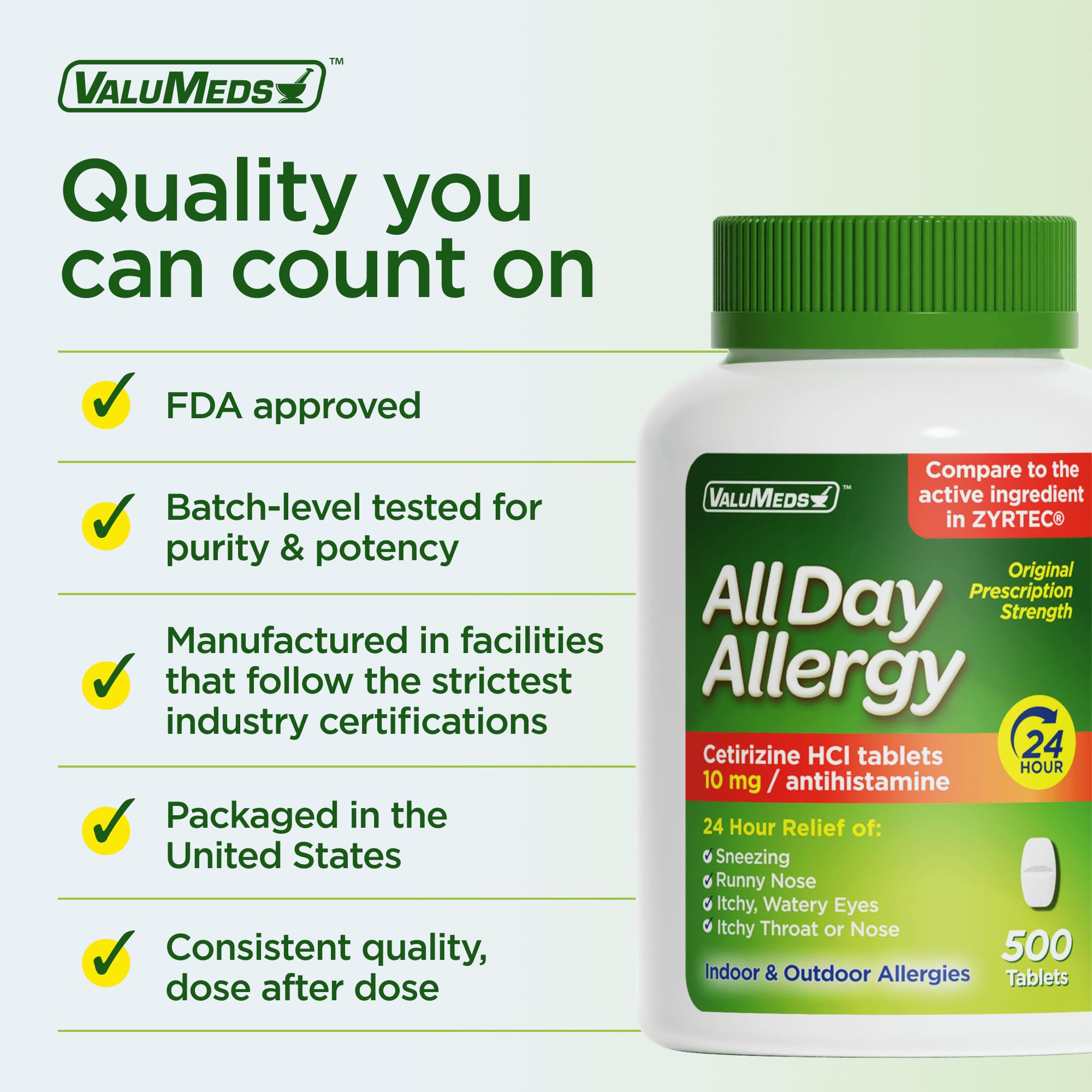 ValuMeds 24-Hour Allergy Medicine Cetirizine HCl 10 mg – 500 Count, Non-Drowsy Pollen Relief