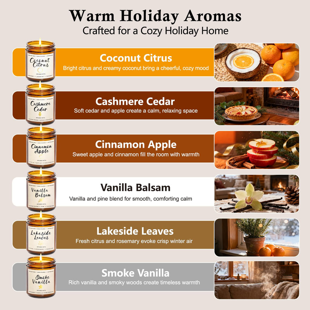 Holiday Candle Gift Set for Women – 6x7oz Soy Candles, Vanilla, Cinnamon & Cedar