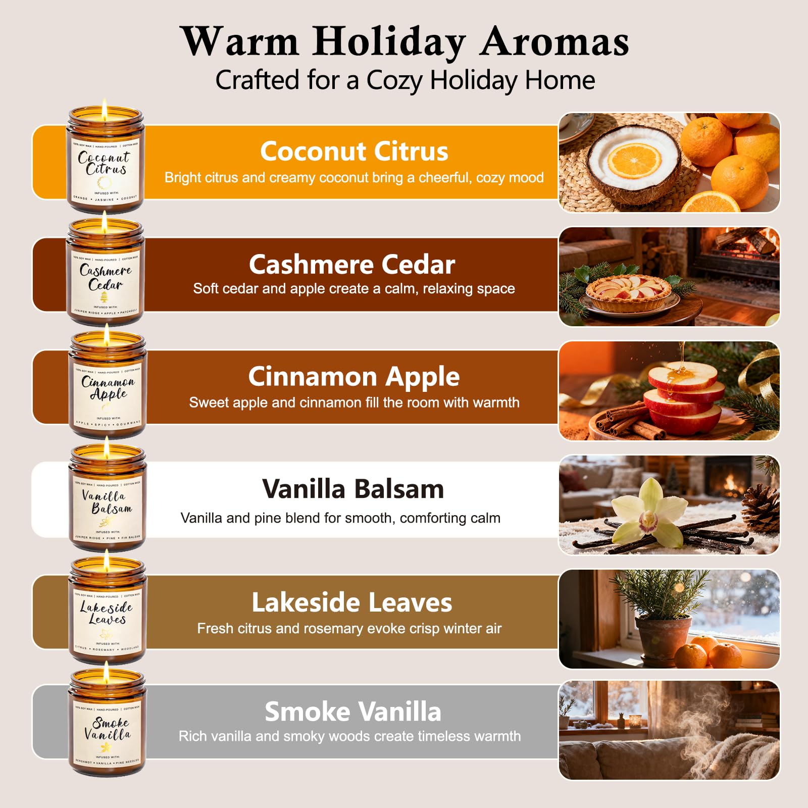 Holiday Candle Gift Set for Women – 6x7oz Soy Candles, Vanilla, Cinnamon & Cedar