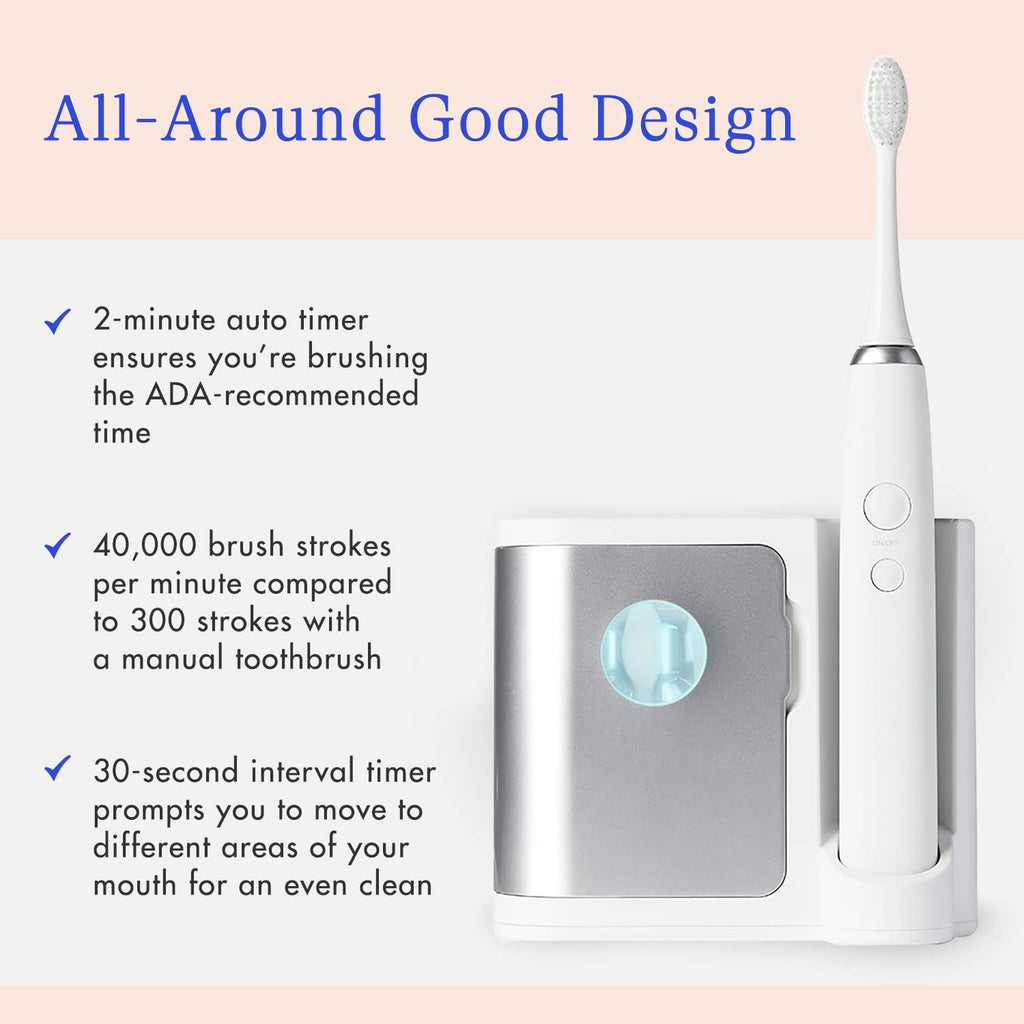 Vanity Planet Elements Ultrasonic Electric Toothbrush – Silver | UV Sanitizing Charger Base & 3 Replacement Heads
