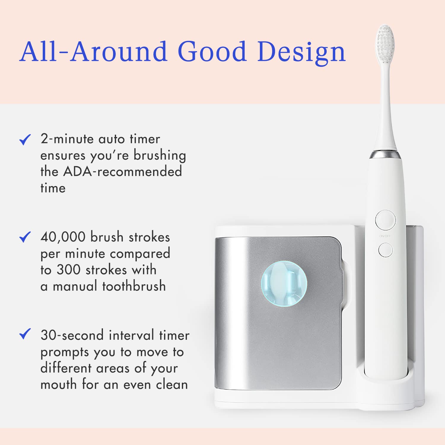Vanity Planet Elements Ultrasonic Electric Toothbrush – Silver | UV Sanitizing Charger Base & 3 Replacement Heads