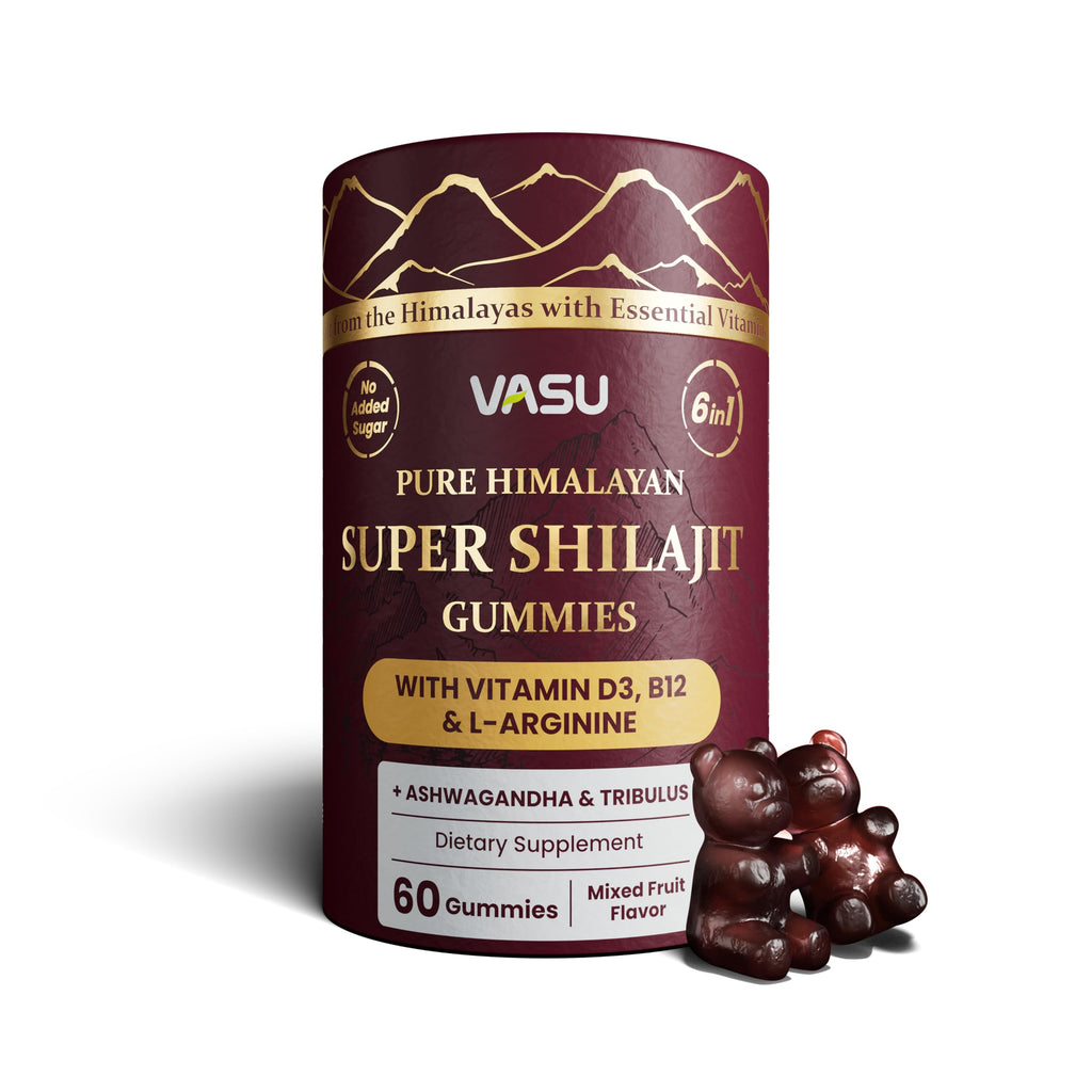 Vasu 6-in-1 Shilajit Gummies - Himalayan Gold, Vitamin D3 & B12, Sugar Free (60 Count)