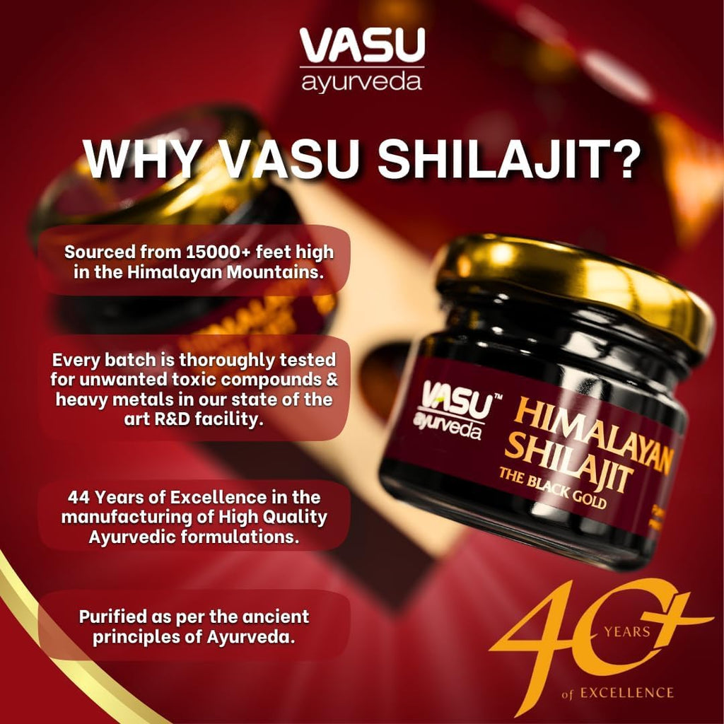 VASU Ayurveda Himalayan Shilajit Resin 400mg – Lab Tested | Natural Energy & 85+ Minerals