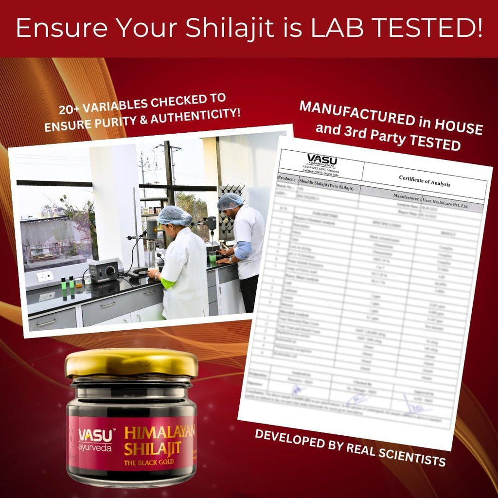 VASU Ayurveda Himalayan Shilajit Resin 400mg – Lab Tested | Natural Energy & 85+ Minerals