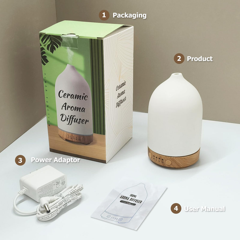 Vasysvi Essential Oil Diffuser Humidifier — Ceramic 100ml, 7-Color LED, Auto Shut-Off, 4 Timers