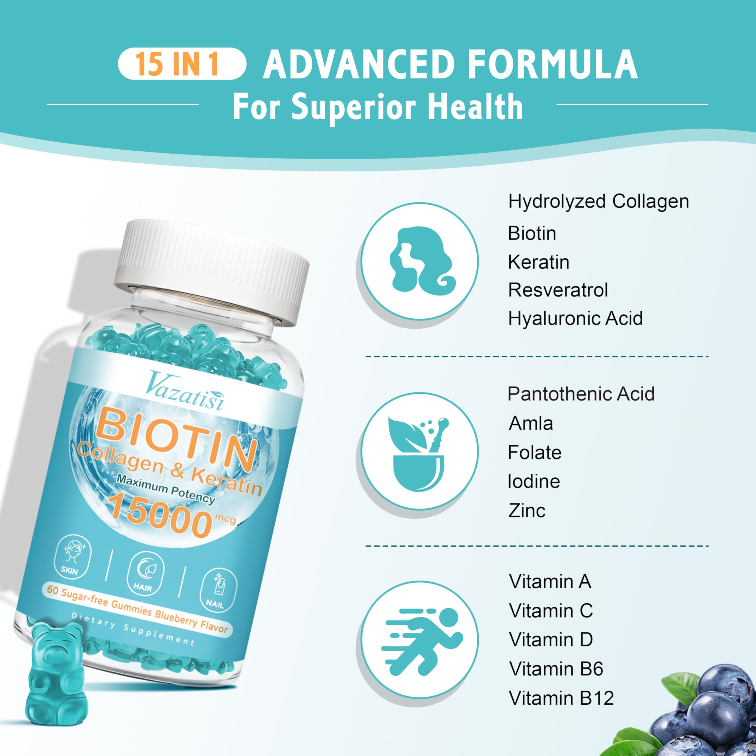 Vazatisi Biotin & Collagen Gummies with B12 for Hair, Skin & Nails – Blueberry Flavor, Sugar-Free, 120 Count