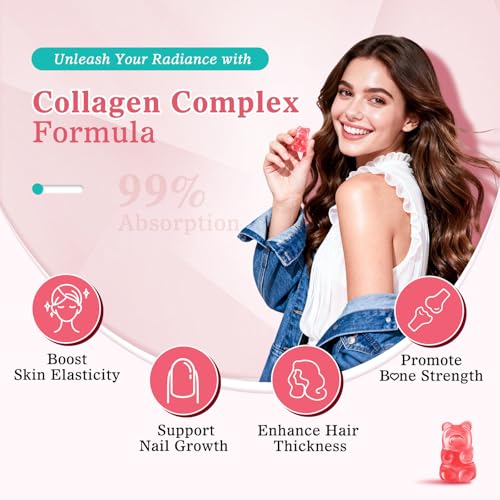 Vazatisi Sugar Free Collagen Gummies – Multi-Collagen Peptides (I II III V X) + Biotin, Strawberry, 60 Count