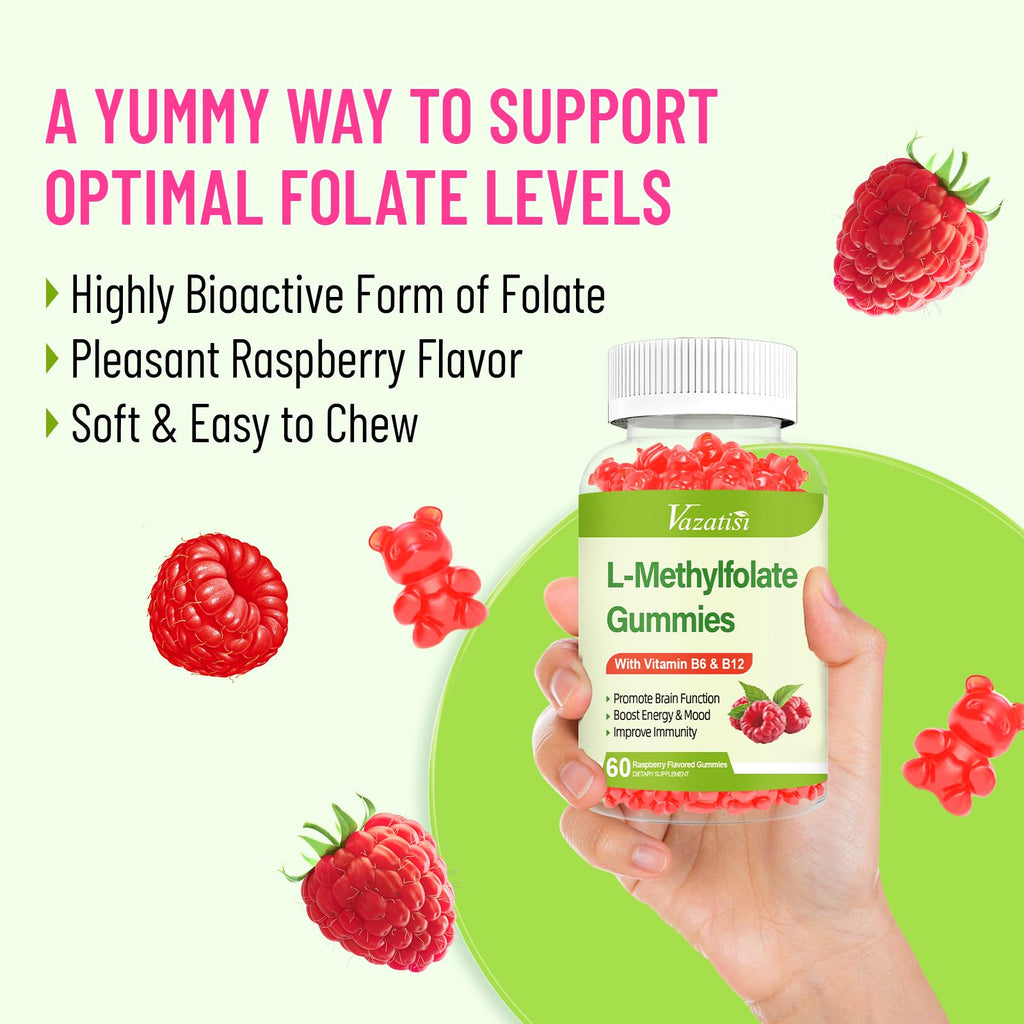 Vazatisi L-Methylfolate Gummies 15 mg with Methyl B12 – Mood, Brain & Immune Support (Raspberry, 120 Count)