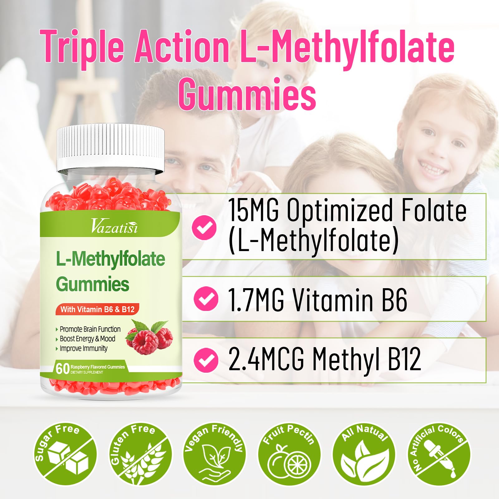 Vazatisi L-Methylfolate Gummies 15 mg with Methyl B12 – Mood, Brain & Immune Support (Raspberry, 120 Count)