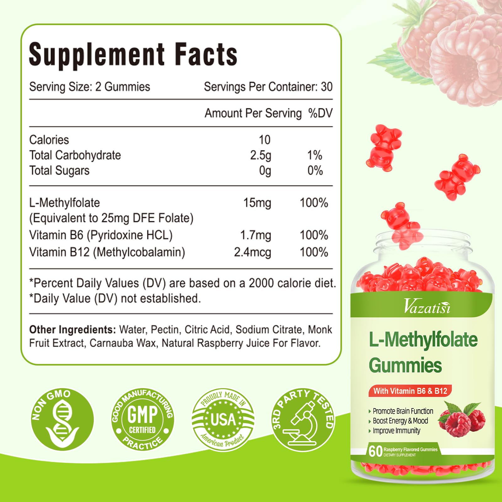 Vazatisi L-Methylfolate Gummies 15 mg with Methyl B12 – Mood, Brain & Immune Support (Raspberry, 120 Count)
