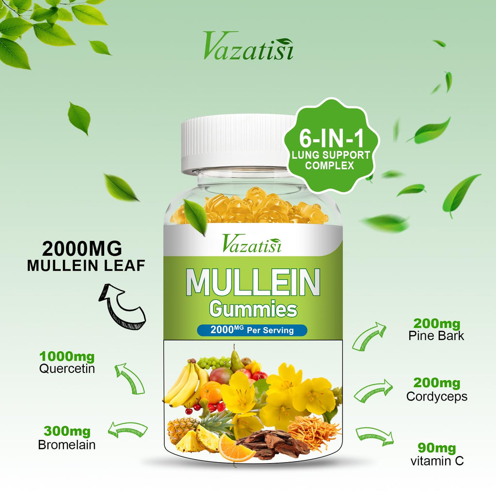 Vazatisi Mullein Gummies – Lung Health Support (Mullein Leaf, Bromelain, Cordyceps & Quercetin) 120ct