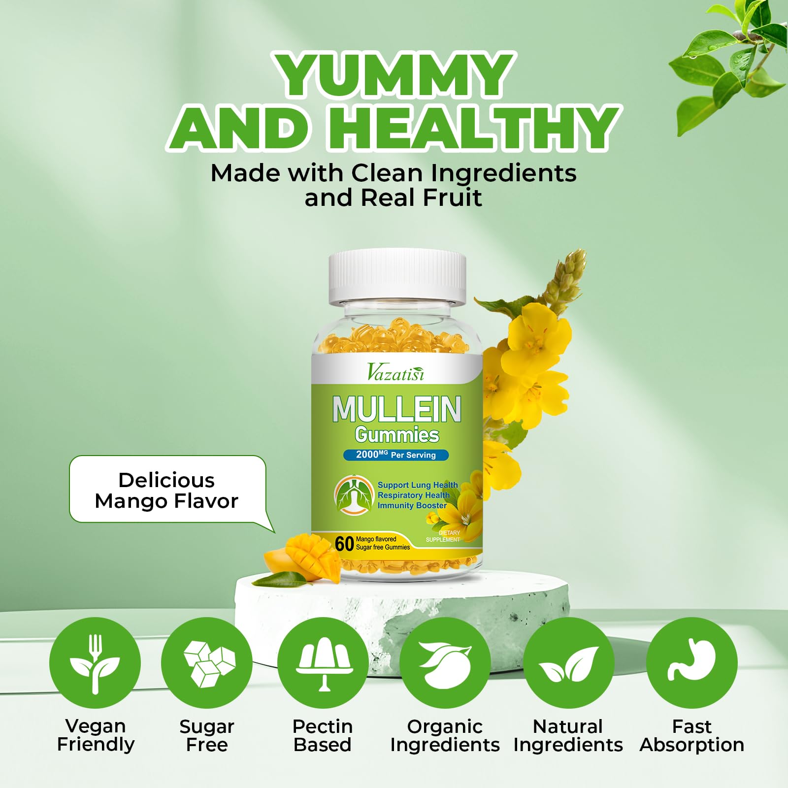Vazatisi Mullein Gummies – Lung Health Support (Mullein Leaf, Bromelain, Cordyceps & Quercetin) 120ct