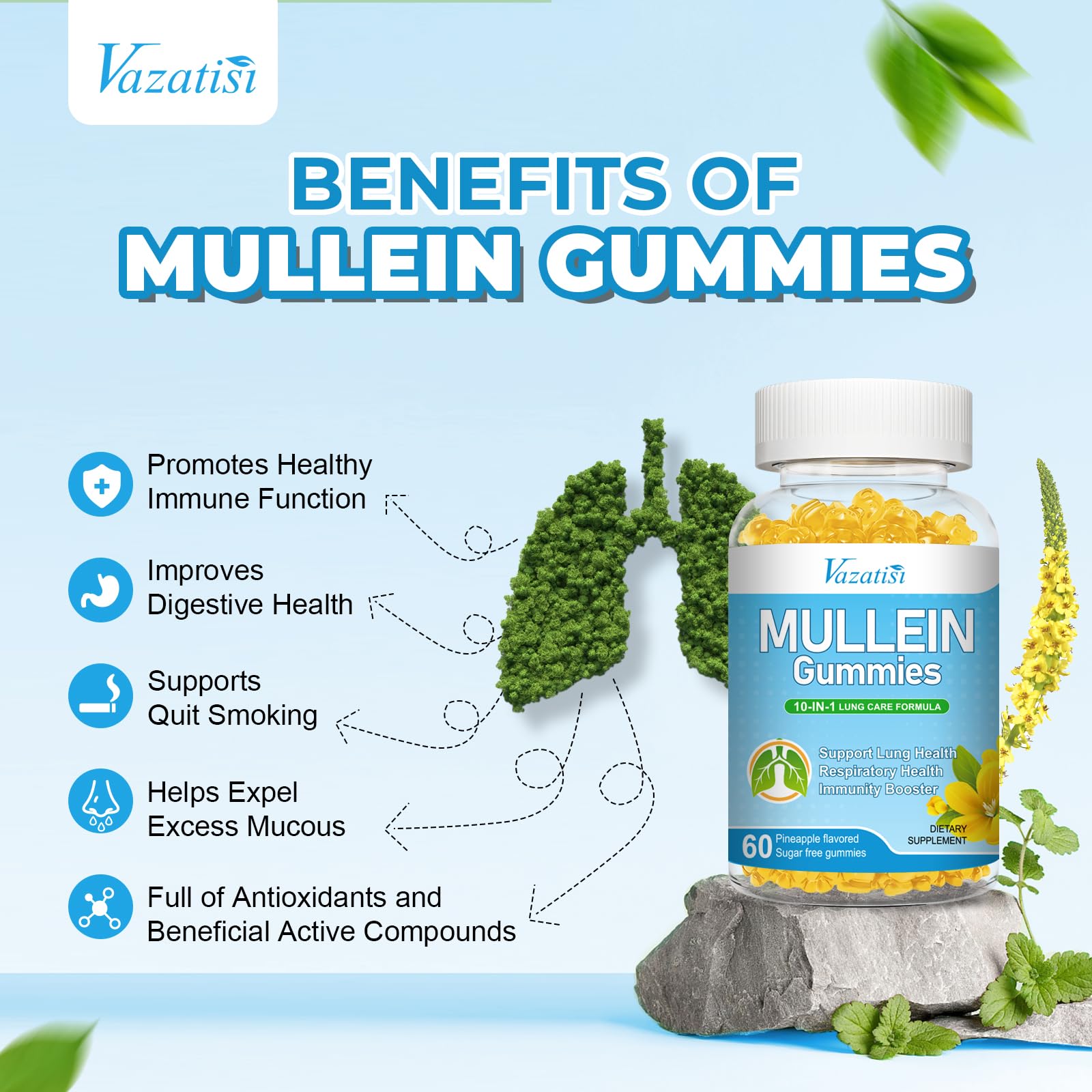 Vazatisi Mullein Gummies – Lung Detox, Pineapple Flavor, 120 Cts