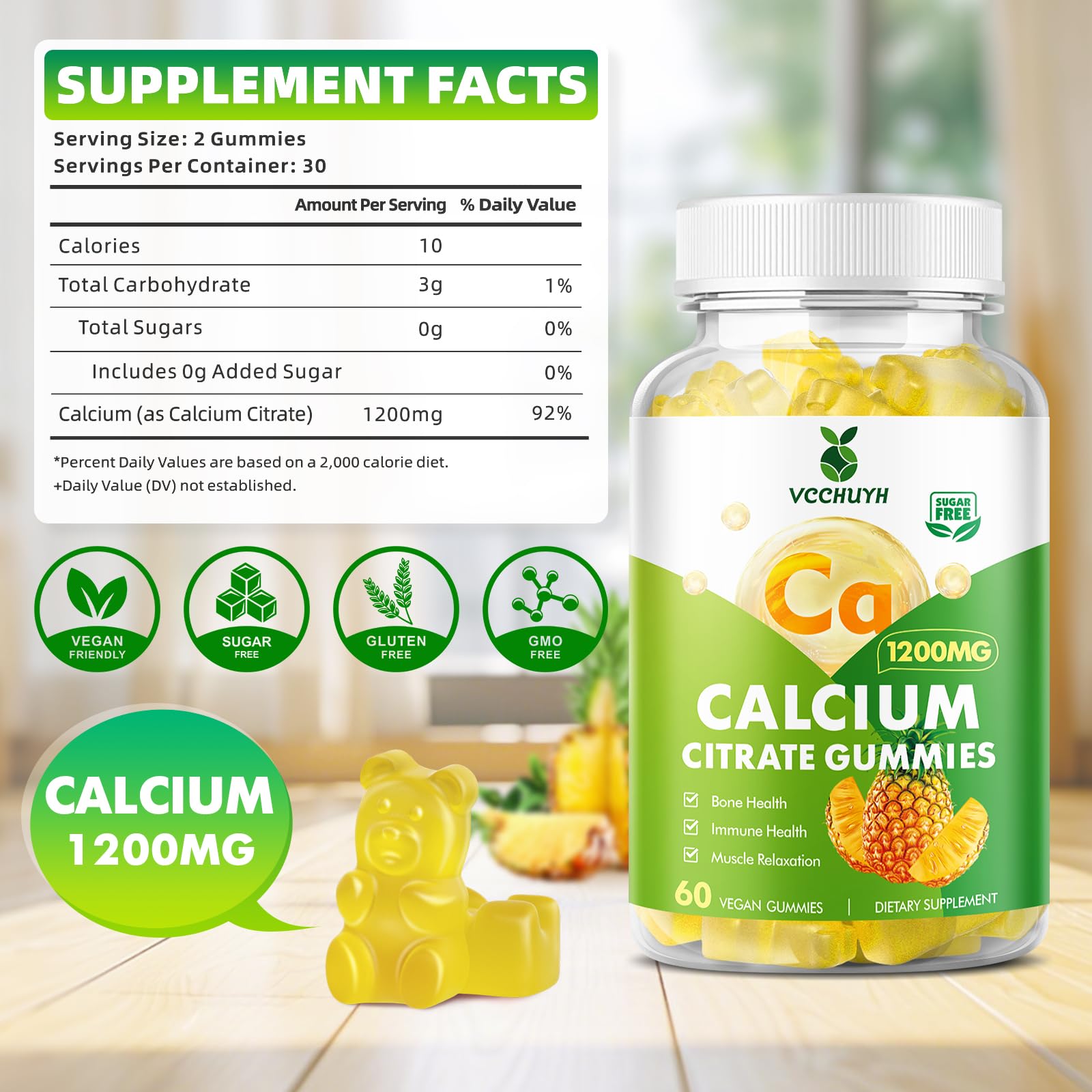 VCCHUYH Calcium Citrate Gummies 1200 mg – Sugar-Free, Vegan, Pineapple