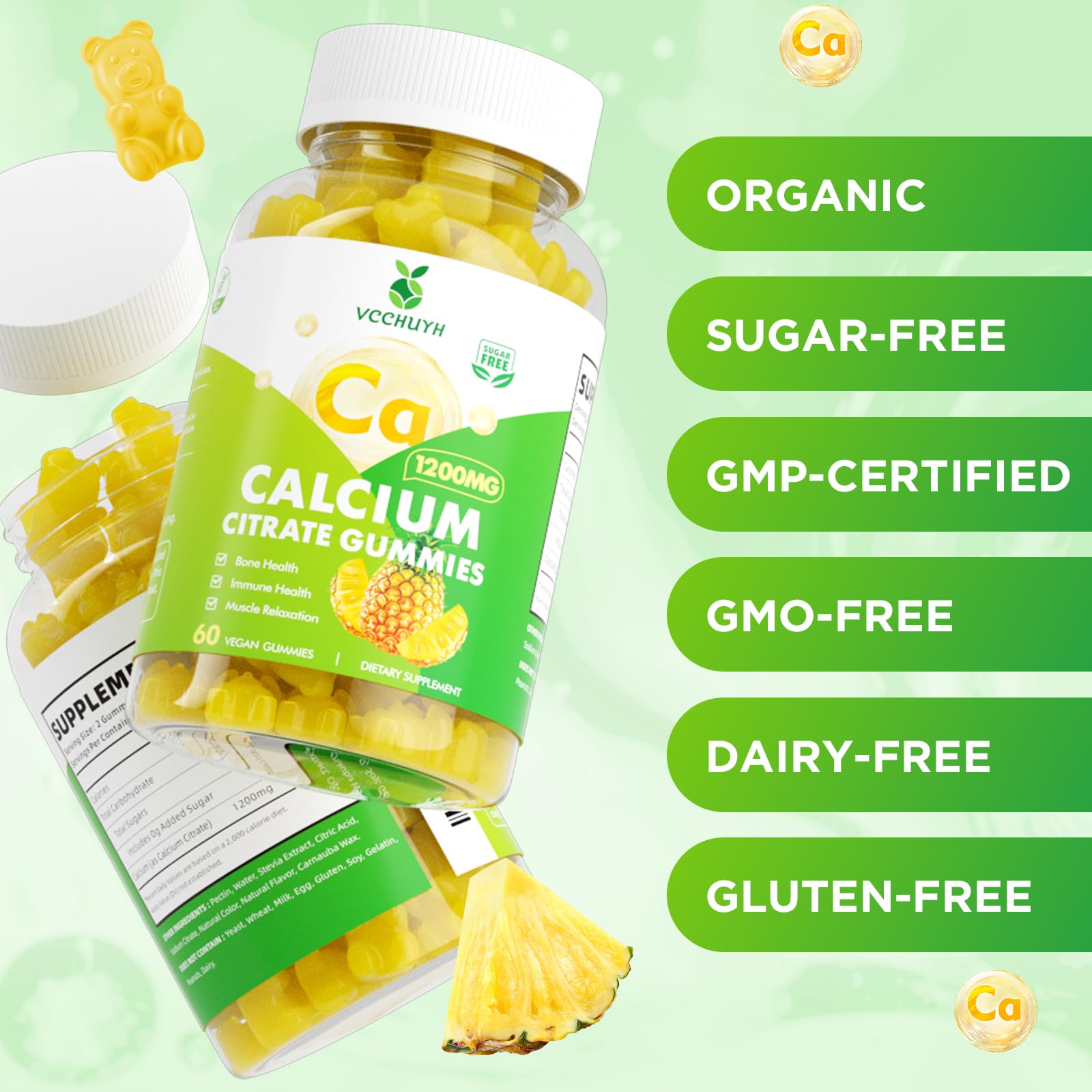 VCCHUYH Calcium Citrate Gummies 1200 mg – Sugar-Free, Vegan, Pineapple