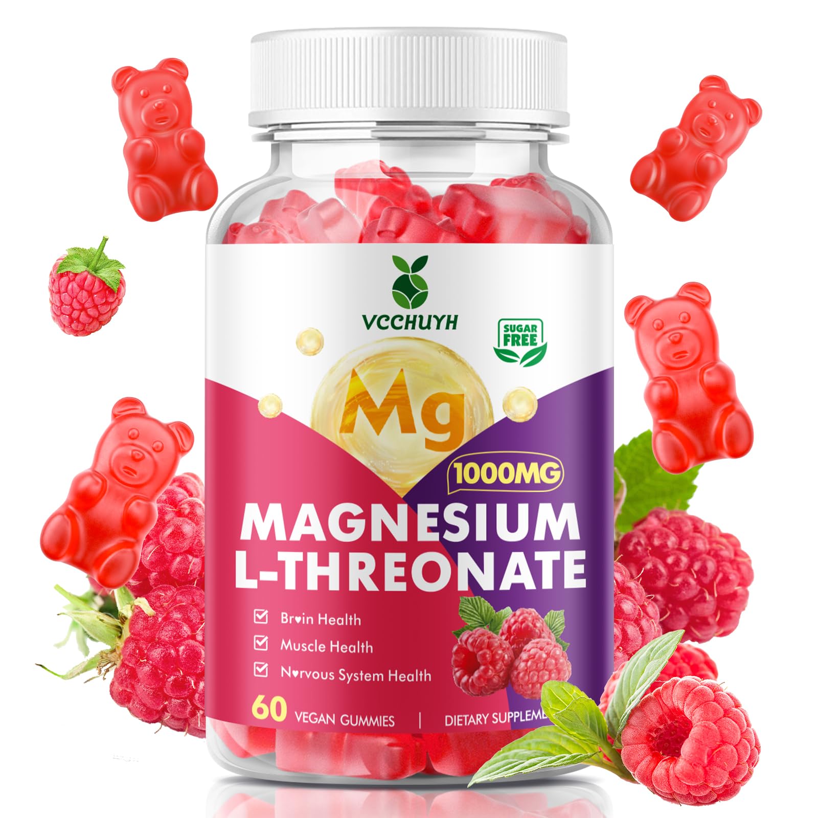 VCCHUYH Magnesium Threonate Gummies – 1000mg, Raspberry, for Kids & Adults