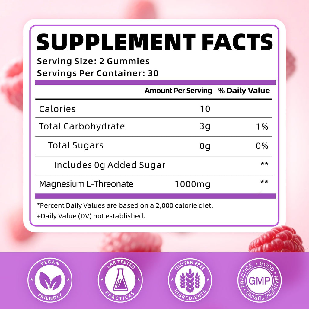 VCCHUYH Magnesium Threonate Gummies – 1000mg, Raspberry, for Kids & Adults