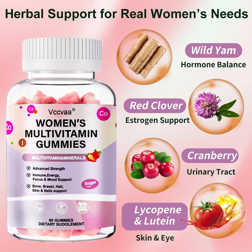 Vccvaa Sugar Free Multivitamin Gummies for Women 14+ – Iron, Folate, 20+ Nutrients | Vegan