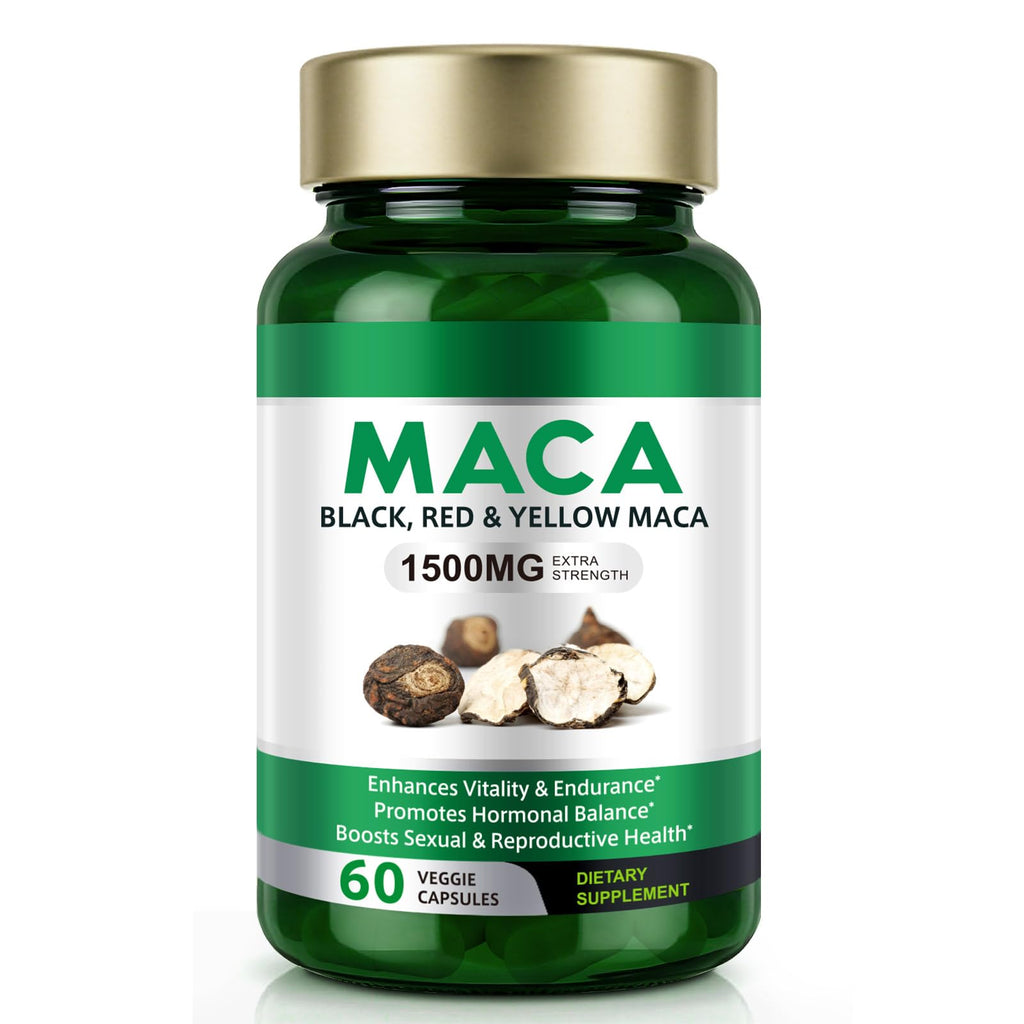 Vceeoy Maca Root Capsules - 1500mg Black, Red & Yellow Maca with Black Pepper Extract | Energy Boost for Women & Men - 60 Capsules