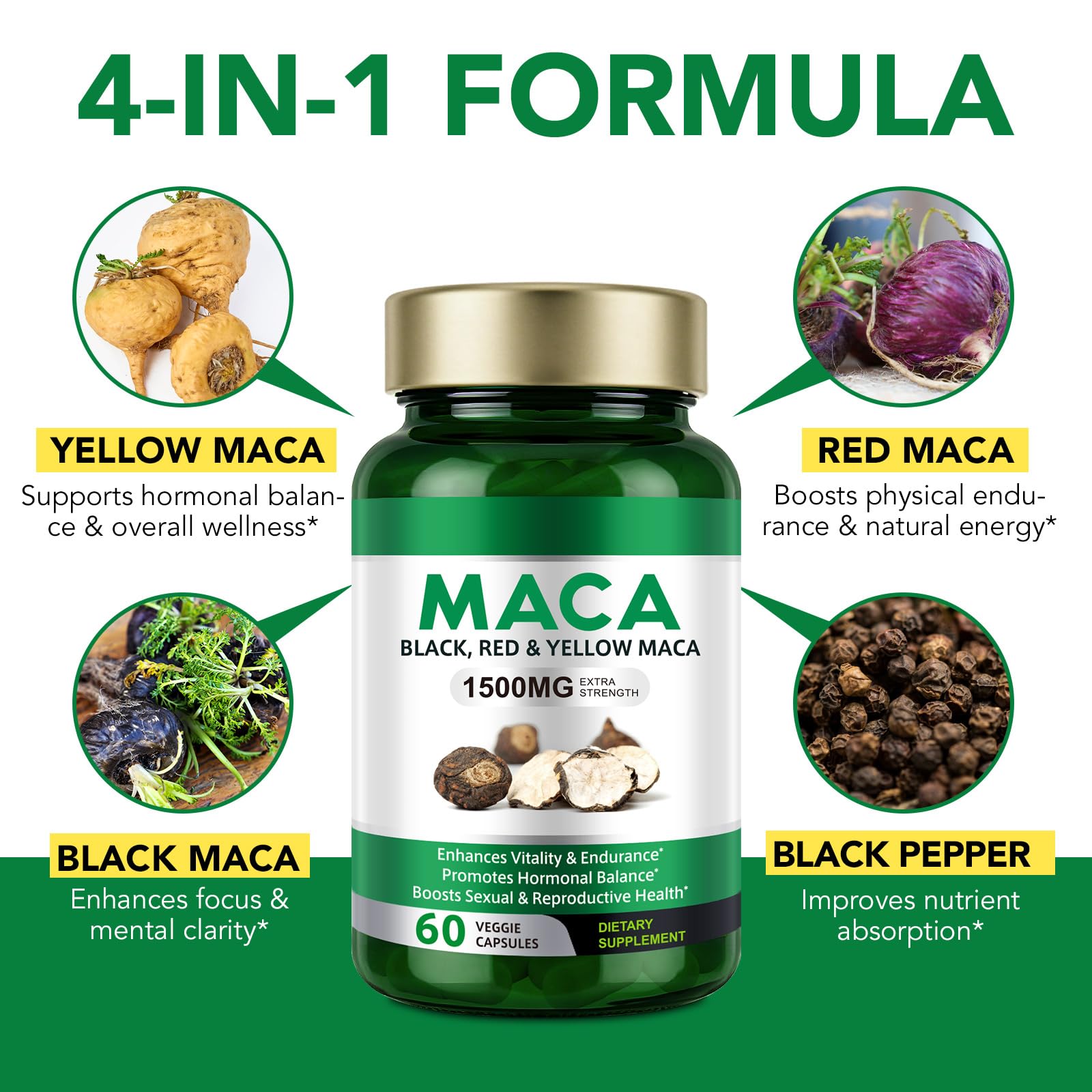 Vceeoy Maca Root Capsules - 1500mg Black, Red & Yellow Maca with Black Pepper Extract | Energy Boost for Women & Men - 60 Capsules