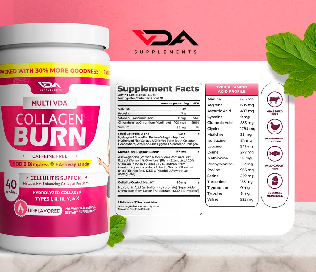 VDA Collagen Burn – Flavorless Hydrolyzed Collagen with Peptides (Types I–X) | 40 Servings