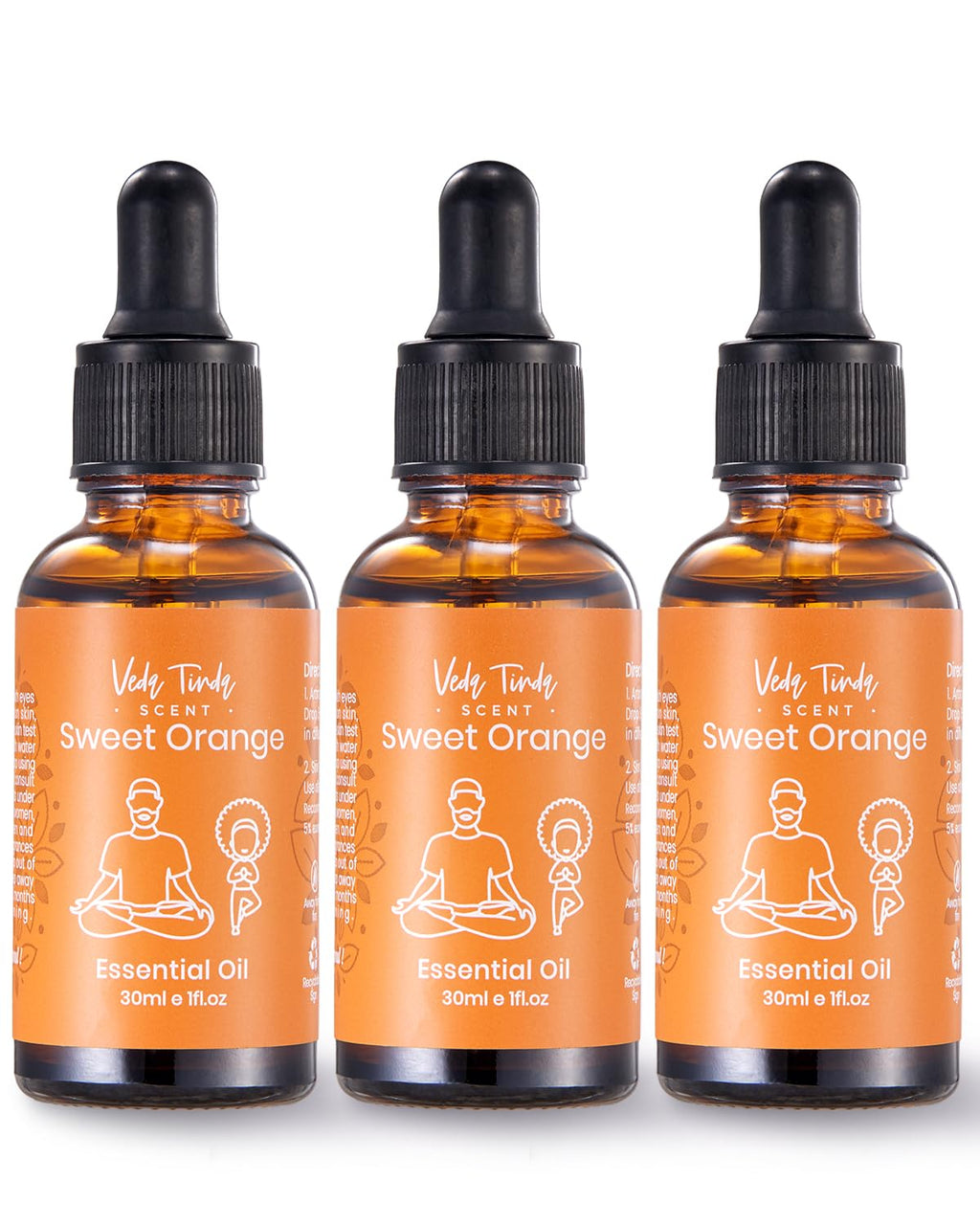 VEDA TINDA SCENT Sweet Orange Essential Oils Set – 3x 1 oz Bottles with Glass Droppers for Aromatherapy & DIY Skincare