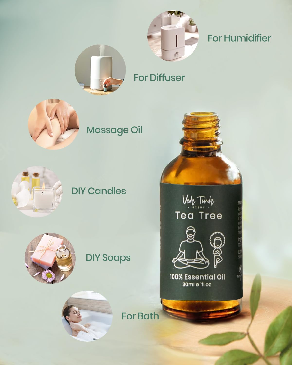 VEDA TINDA SCENT Tea Tree Oil with Dropper – 3x1oz for Diffuser & Skin/Hair Care