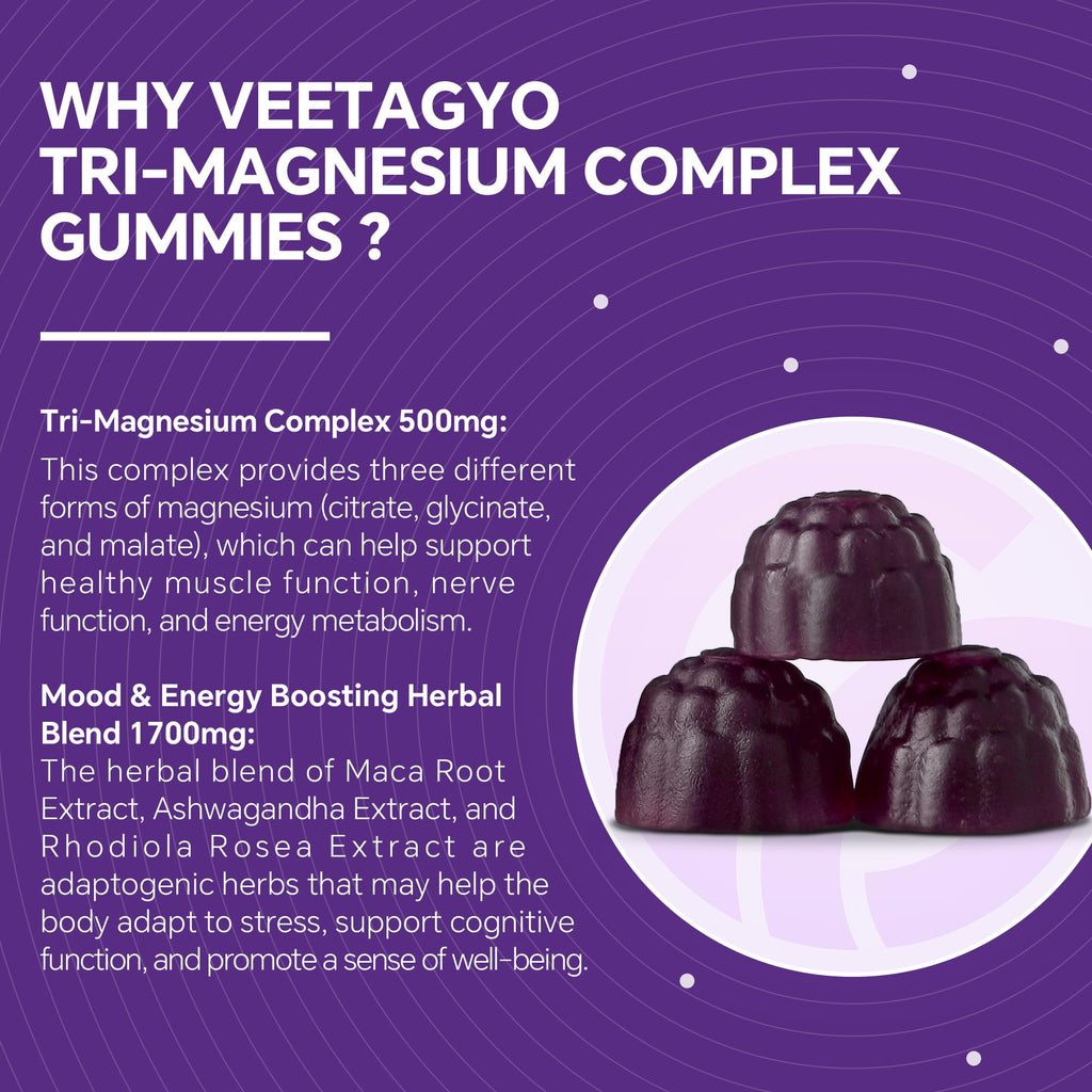 VEETAGYO Magnesium Gummies 500mg | 3 Magnesium Forms (Glycinate, Taurate, Malate) | Vegan Sugar-Free | 120 ct
