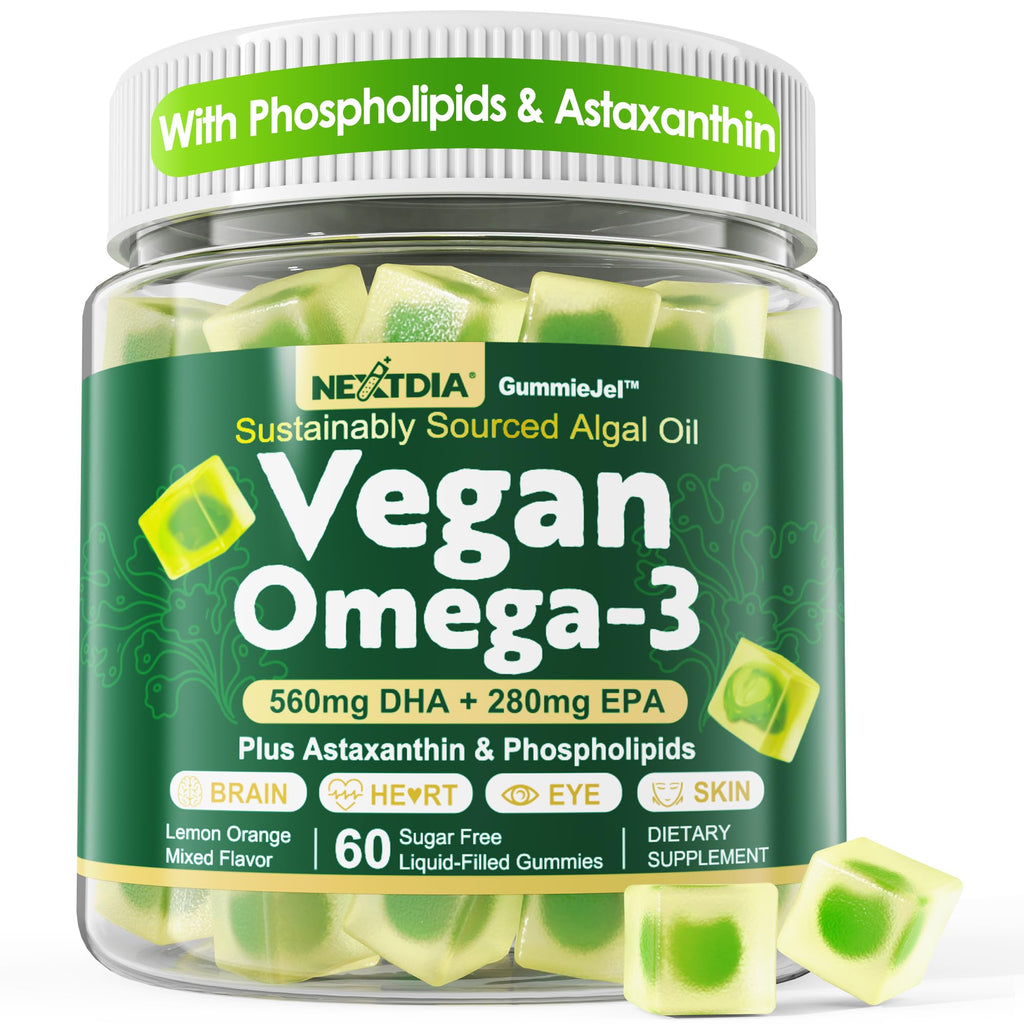 Vegan Algae Omega-3 Gummies | 560mg DHA / 280mg EPA + Astaxanthin & Vitamin D3 | Sugar Free 60-Count