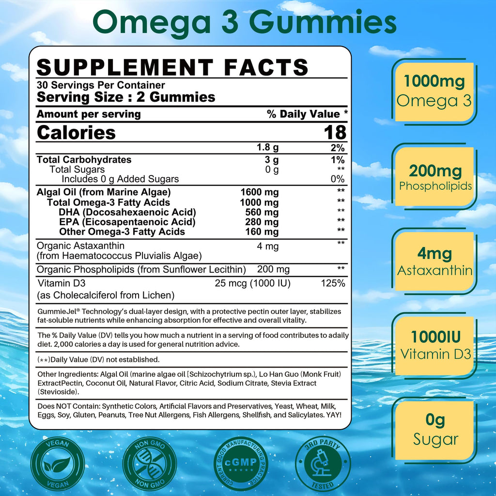 Vegan Algae Omega-3 Gummies | 560mg DHA / 280mg EPA + Astaxanthin & Vitamin D3 | Sugar Free 60-Count