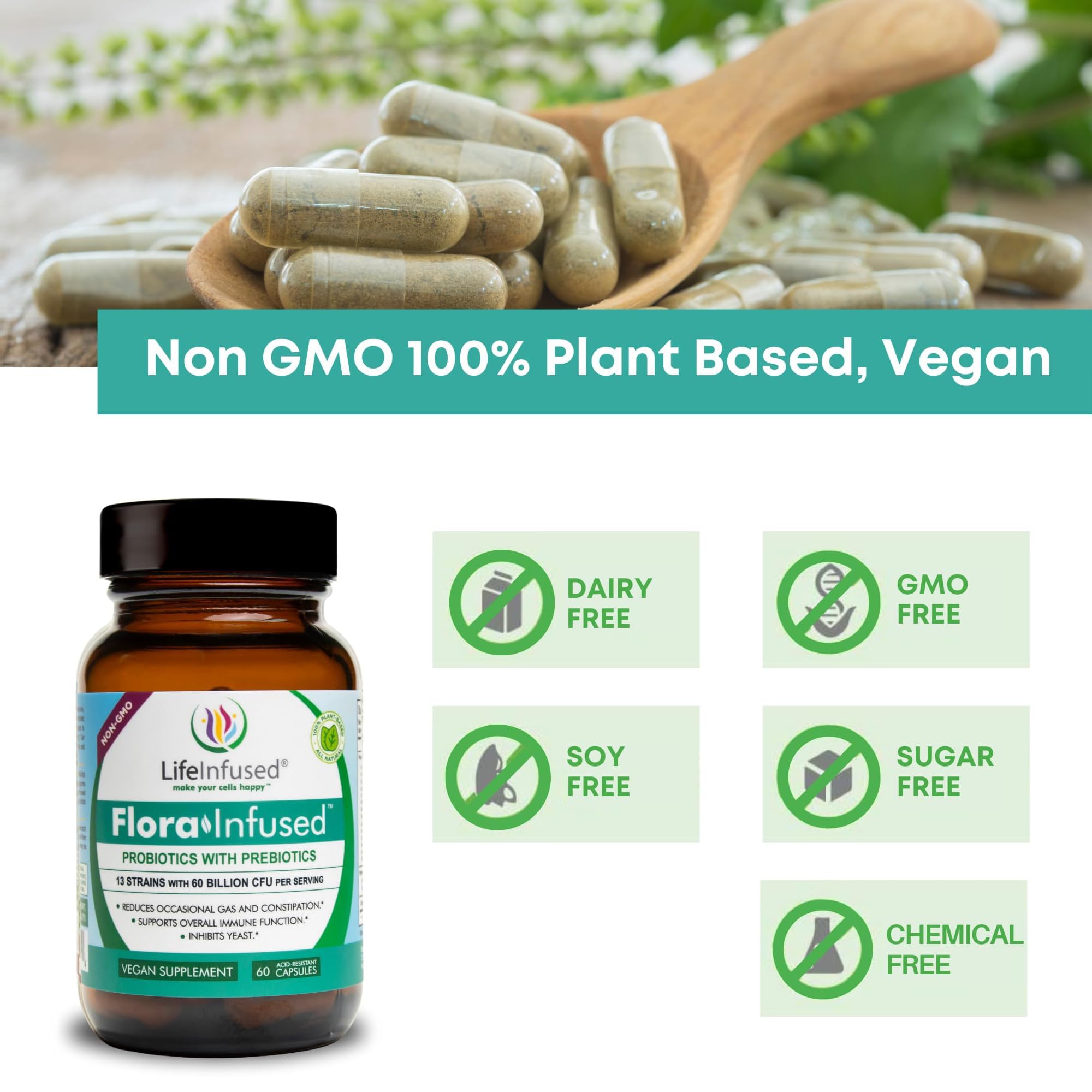 Life Infused Flora Infused Probiotics with Prebiotics - 50 Billion CFU, 13 Strains, Enzyme Blend - Vegan - 60 Capsules