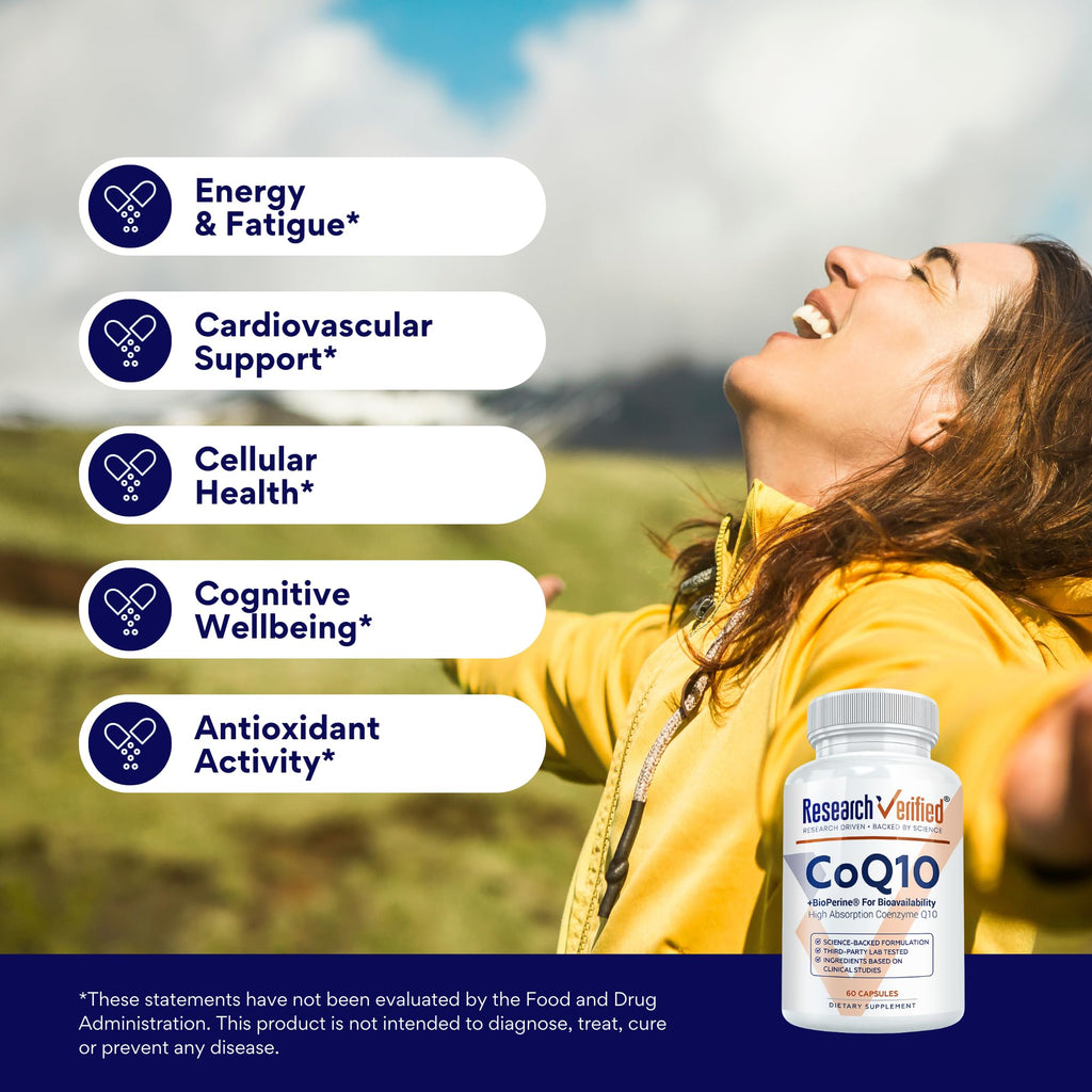 Research Verified CoQ10 – 250mg Pure CoQ10 with Bioperine, 180 Vegan Capsules | Enhanced Absorption