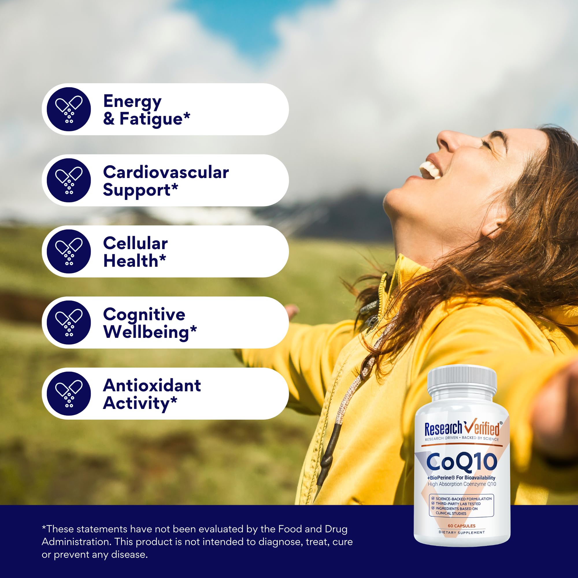 Research Verified CoQ10 – 250mg Pure CoQ10 with Bioperine, 180 Vegan Capsules | Enhanced Absorption