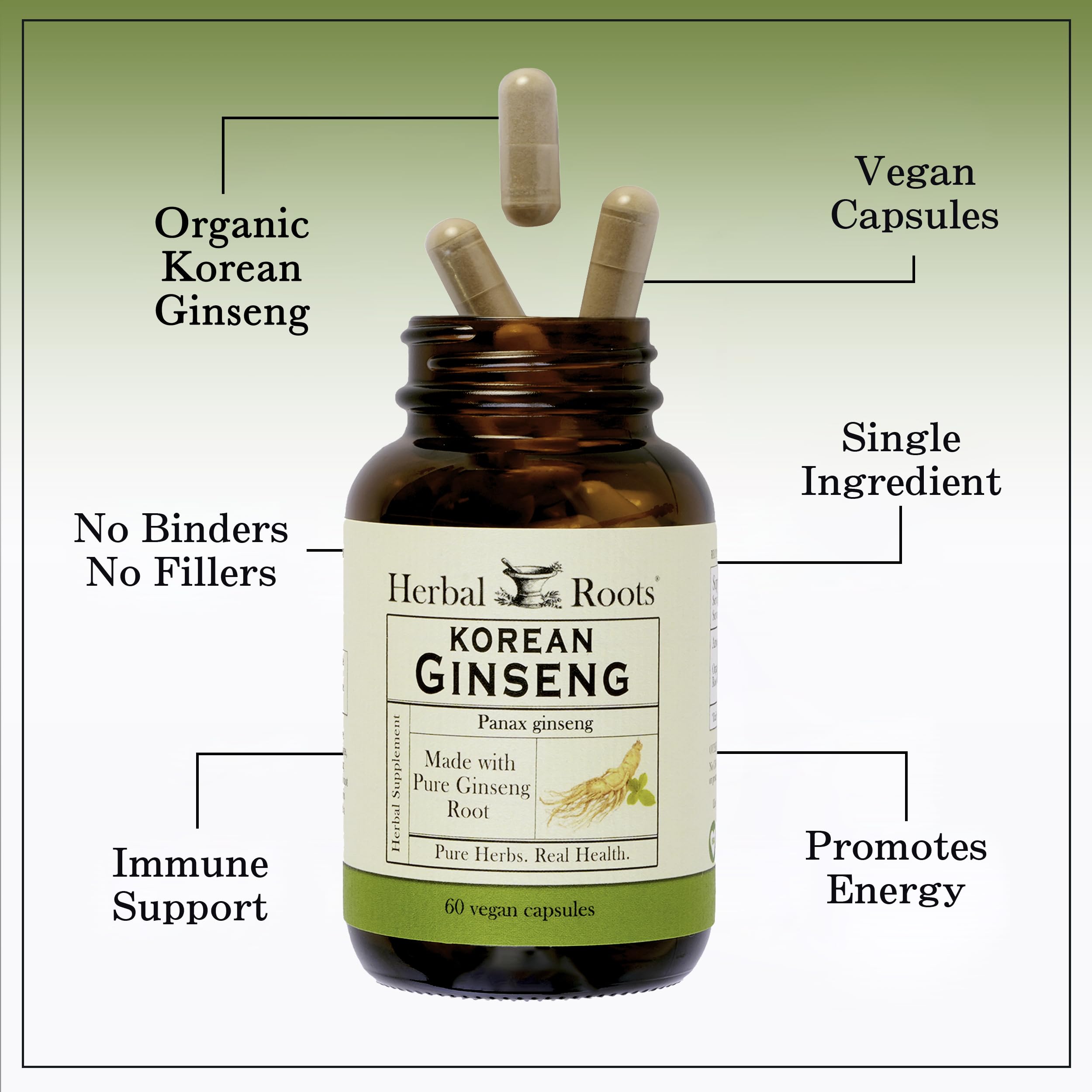 Herbal Roots Panax Ginseng | Organic Korean Ginseng Root Powder 1000mg | High Ginsenosides for Energy & Performance | 60 Vegan Capsules