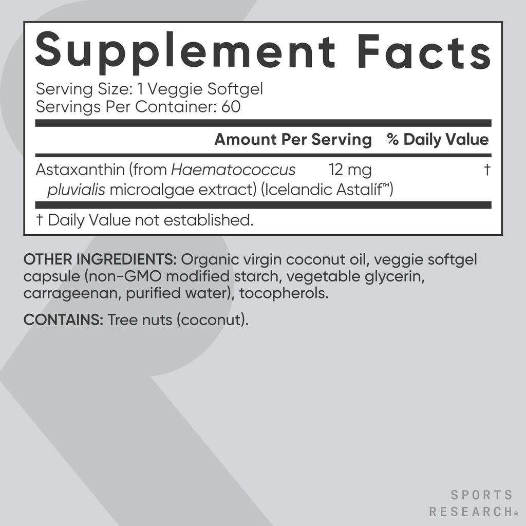 Sports Research Triple Strength Vegan Astaxanthin 12mg - Algae-Based, Non-GMO, 60 Softgels
