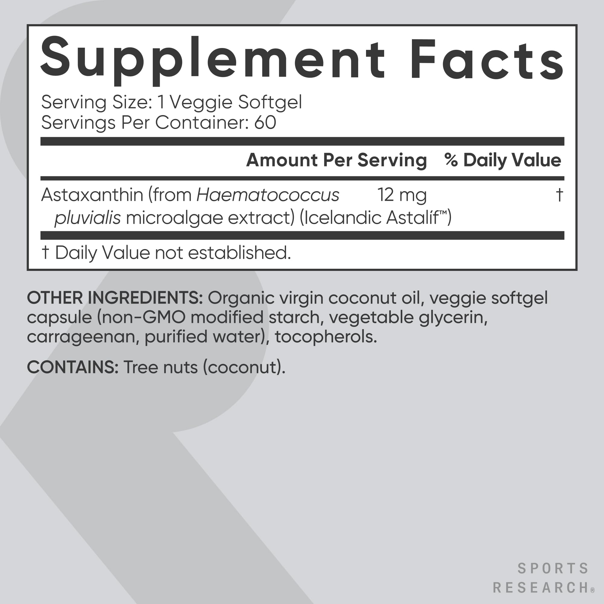 Sports Research Triple Strength Vegan Astaxanthin 12mg - Algae-Based, Non-GMO, 60 Softgels