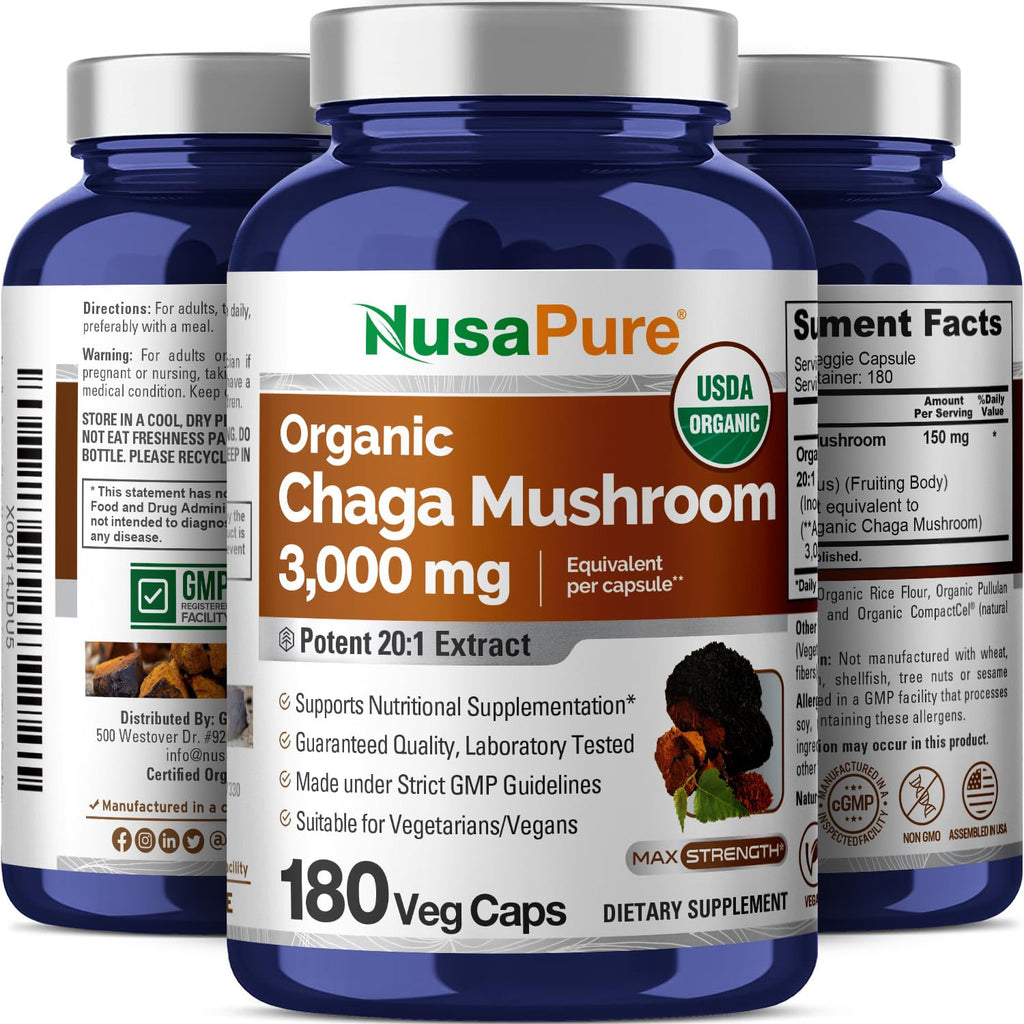 NusaPure Chaga 20:1 Extract – 150 mg (3000 mg) per Capsule, 180 Count, USDA Organic, Vegan, Non-GMO, Pack of 2