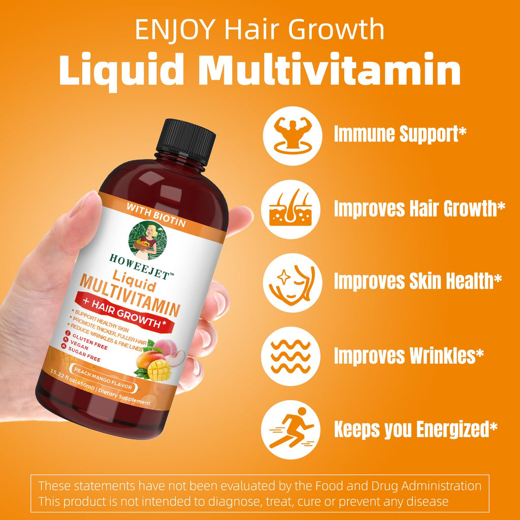 Liquid Multivitamin for Hair Growth – Biotin 10000mcg | Hair & Skin Support | Clinically Tested | 15.22 Fl Oz | For Women & Men 18+