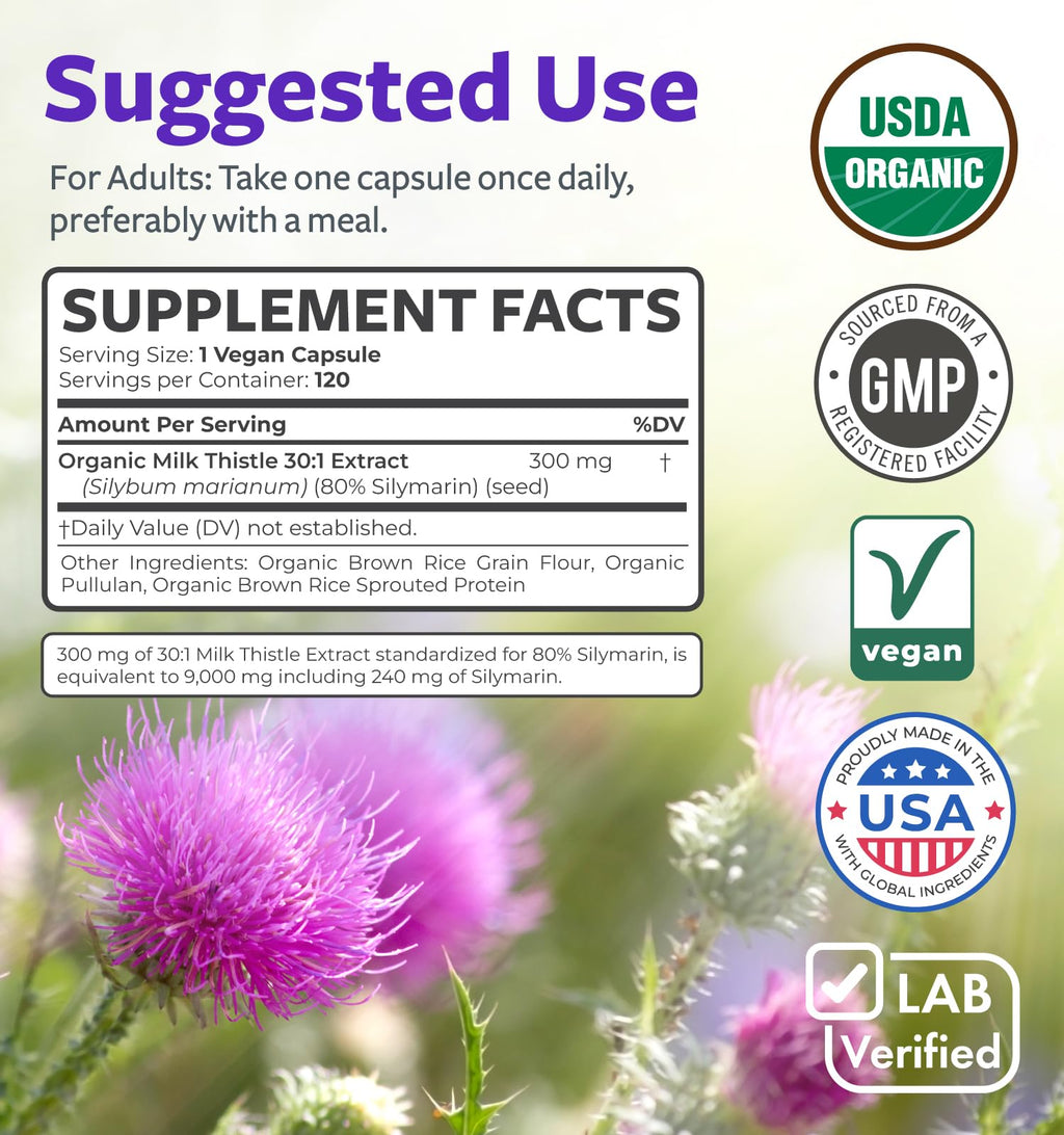 USDA Organic Milk Thistle Capsules - 300mg 30:1 Extract | 80% Silymarin for Liver Support
