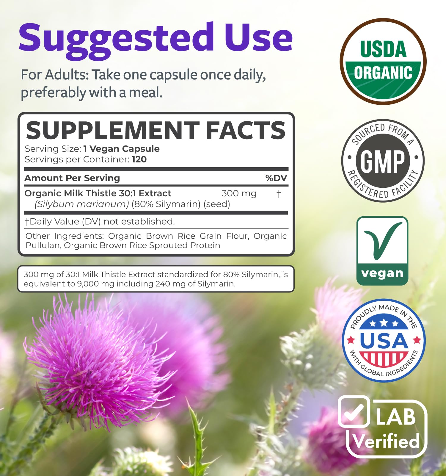 USDA Organic Milk Thistle Capsules - 300mg 30:1 Extract | 80% Silymarin for Liver Support
