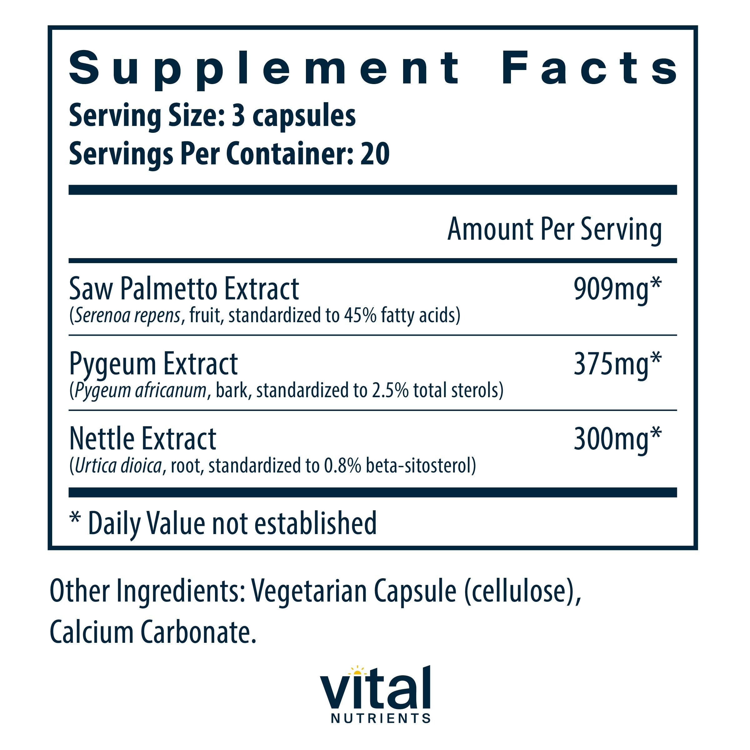 Vital Nutrients Saw Palmetto with Pygeum & Nettle Root – Vegan Prostate Support, 60 Capsules
