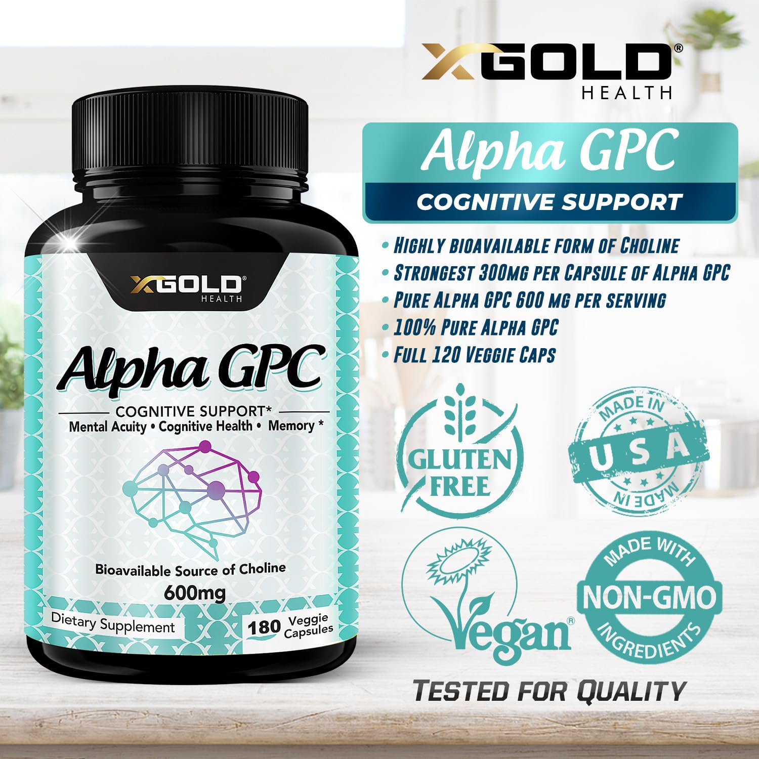 Alpha GPC Choline Supplement 600mg | 180 Veggie Capsules | High-Purity, Bioavailable Nootropic | X Gold Health