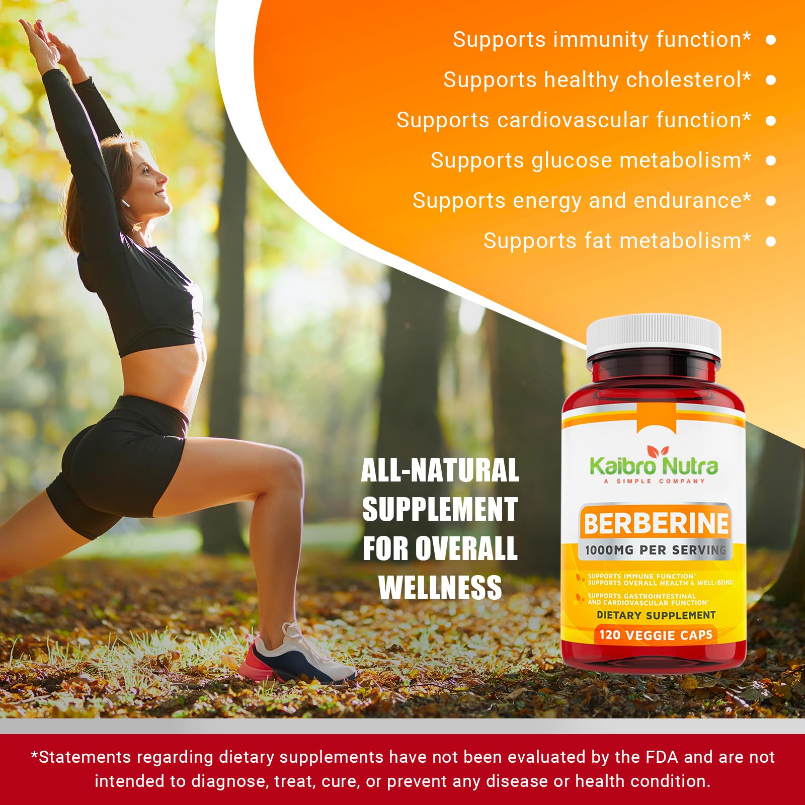 Kaibro Nutra Berberine 1000mg Supplement – Immune, Glucose & Circulatory Health | Vegan & Gluten-Free, 120 Capsules