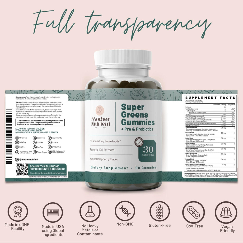 Mother Nutrient Super Greens Gummies – Women & Adults, 30 Superfoods, 90 Gummies