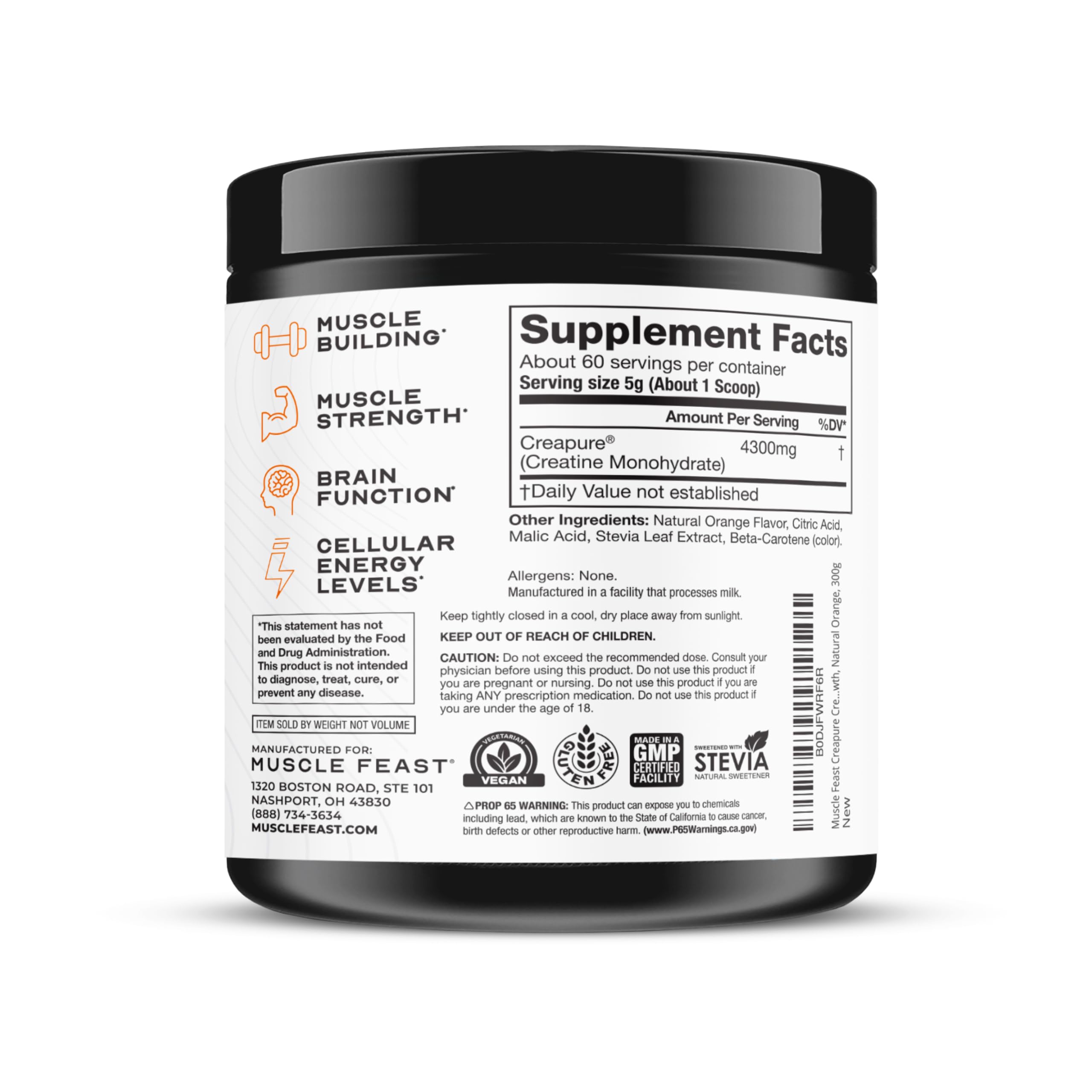 Muscle Feast Creapure Creatine Monohydrate Powder – Natural Orange, 300g | Vegan, Gluten-Free, Easy to Mix